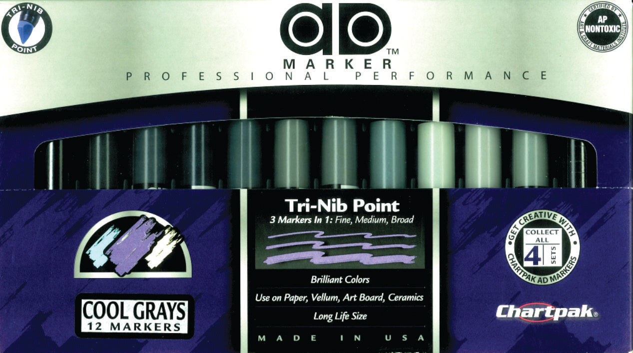 CHARTPAK AD MARKER Cool Grey SET of 12